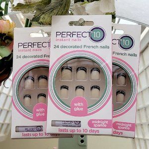 3 Set Bundle ~ French Manicure Glue On Nails Midnight Sparkle Tips